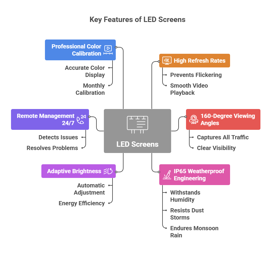 High Refresh Rates (≥1920Hz): Prevents flickering that causes eye strain and ensures smooth video playback that looks professional on camera. Your content photographs well, creating social media sharing opportunities beyond direct viewing.

160-Degree Viewing Angles: Your message remains clear and vibrant whether viewers approach straight-on or from acute angles. This matters at intersections where traffic approaches from multiple directions—we capture everyone, not just head-on traffic with our Bangla LED solutions.

IP65 Weatherproof Engineering: Withstands Dhaka's punishing humidity, dust storms, and torrential monsoon rain without degradation. Our screens stay brilliant while competitors' cheaper panels dim and fail after one rainy season.

Adaptive Brightness (1,500-6,500 nits): Automatic sensors adjust luminosity based on ambient light, ensuring visibility without excessive power consumption or visual discomfort. Bright enough for noon sun, comfortable enough for midnight viewing.

Remote Management 24/7: We monitor screen health constantly, detecting and resolving technical issues before they interrupt your campaign. You'll never lose coverage to preventable downtime through our OOH advertising network in Bangladesh.

Professional Color Calibration: Your brand colors display accurately, not shifted toward blue or washed out like inferior panels. We calibrate screens monthly to maintain color accuracy within 5% of RGB standards.